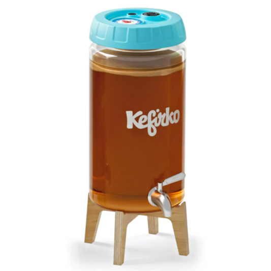 Fermentatiepot voor Kombucha op houten pootjes met blauwe deksel en drankendispenser
