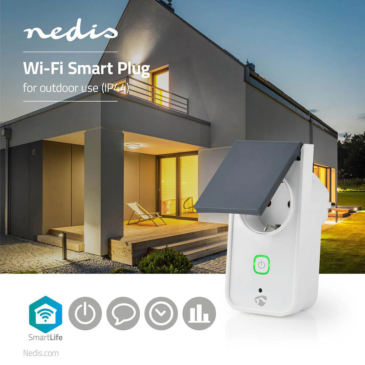 Nedis energiemeter voor buiten met wi-fi en IP44. Slimme stekker met smart life.